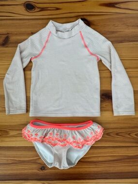 NWOT Boden Seersucker LongSleeve Rashguard Swim Set Beige Neon Pink Trim 3-4